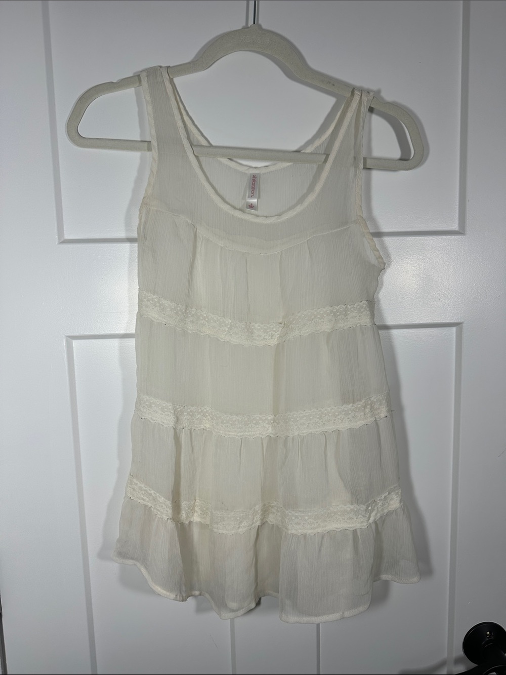 Xhilaration Cream sheer Textured Lace-Trim Tiered Tank